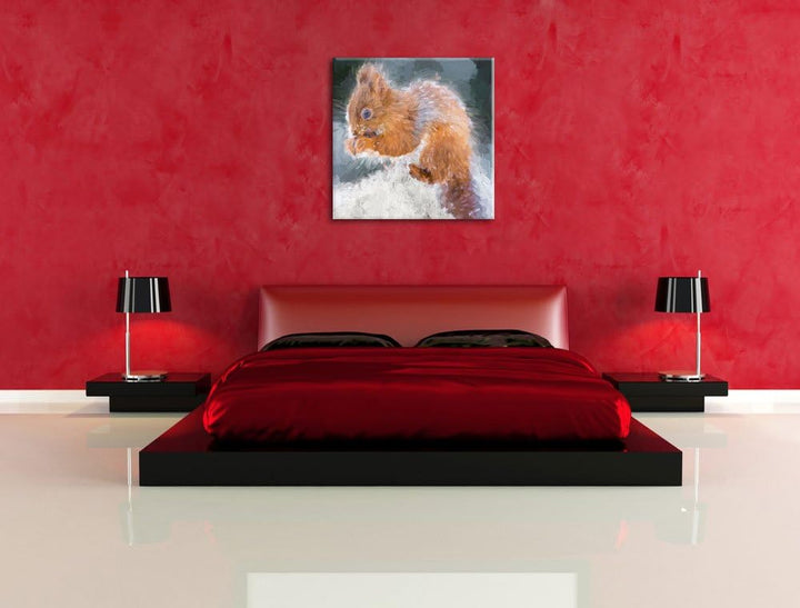 Pixxprint Kleines Eichhörnchen im Winter als Leinwandbild Quadratisch/Grösse: 70x70 / Wandbild/Kunst