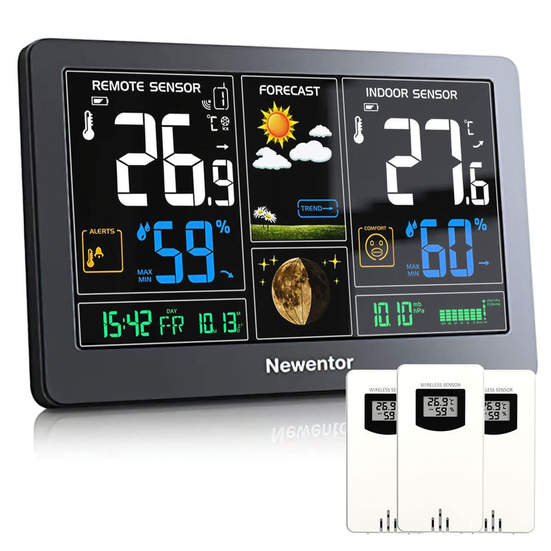 Newentor Wetterstation Funk mit 3 Aussensensoren - Funkwetterstation mit Wettervorhersage, Temperatu