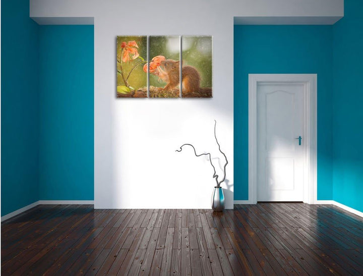 Pixxprint Eichhörnchen riecht an Einer Blume / 3-Teilig/Gesamtmass 120cm Leinwandbild bespannt auf H