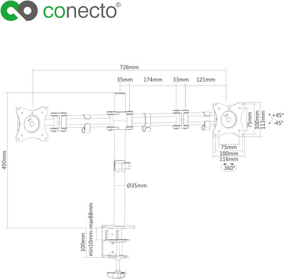 conecto,Monitor-Halterung für Zwei Bildschirme bis 27 Zoll,neigbar (+-45°),schwenkbar (+-180°),drehb