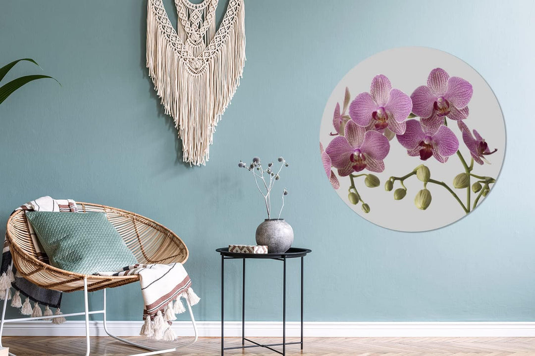 MuchoWow Wandbild Rund Wanddeko Deko Wohnzimmer Bilder 90x90 cm Orchideen auf grauem Hintergrund, 90