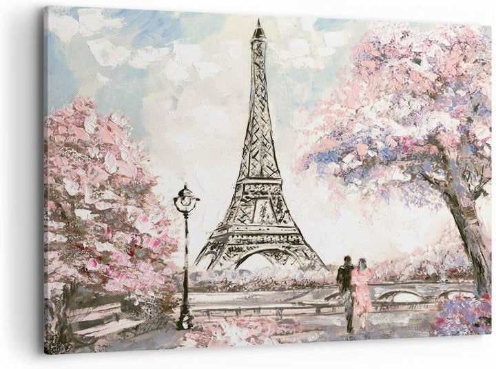 Bilder auf Leinwand 100x70cm Leinwandbild Bäume Eiffle Paar Frankreich Gross Wanddeko Bild Schlafzim