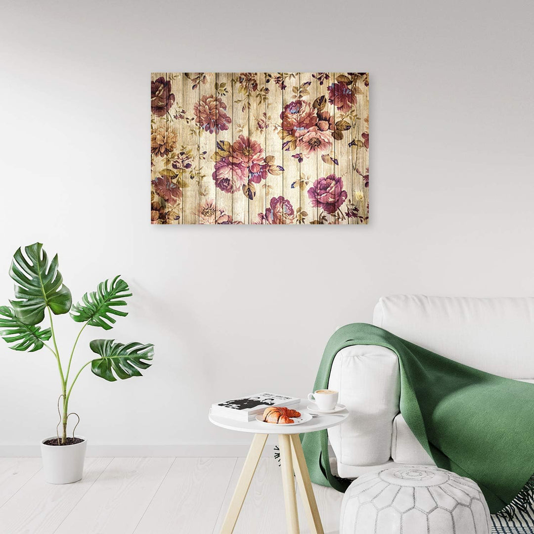 Feeby Vlies Leinwandbild Blumen Holzmuster 120x80 cm Druckbild Wandbild Wanddekoration Deko Wand Aes