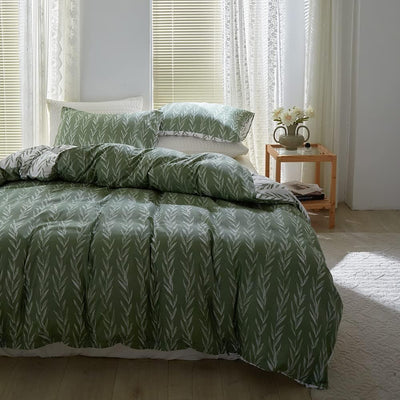 OLDBIAO Bettwäsche 200 x 220 cm und 2 Kissenbezüge 80 x 80 cm, Grün Weiss Blatt Wendebettwäsche Set