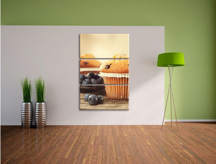 Pixxprint Muffins mit Schokoraspeln und Blaubeeren 3-Teiler Leinwandbild 120x80 Bild auf Leinwand