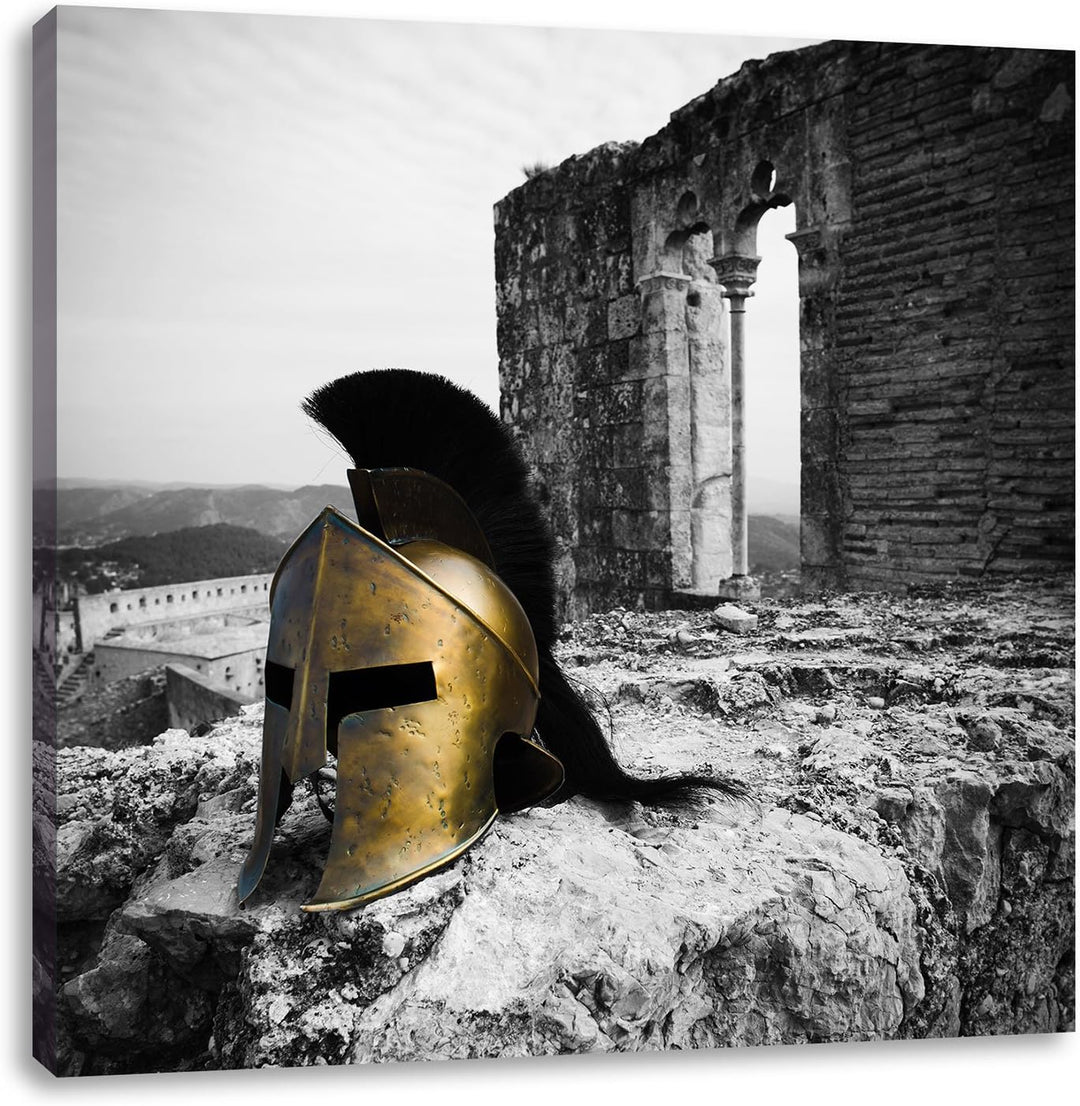Pixxprint Alter Helm Einer Rüstung vor Ruine schwarz/weiss, Format: 70x70 auf Leinwand, 70x70