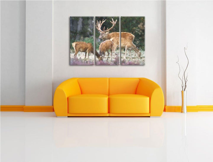 Hirschfamilie auf Waldlichtung NewArt 3-Teiler Leinwandbild 120x80 Bild auf Leinwand, XXL riesige Bi