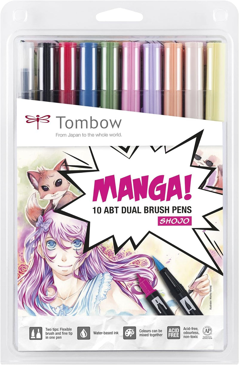 Tombow ABT-10C-MANGA2 Fasermaler, Dual Brush Pen mit zwei Spitzen, 10-er Manga Set Shojo, Manga Set