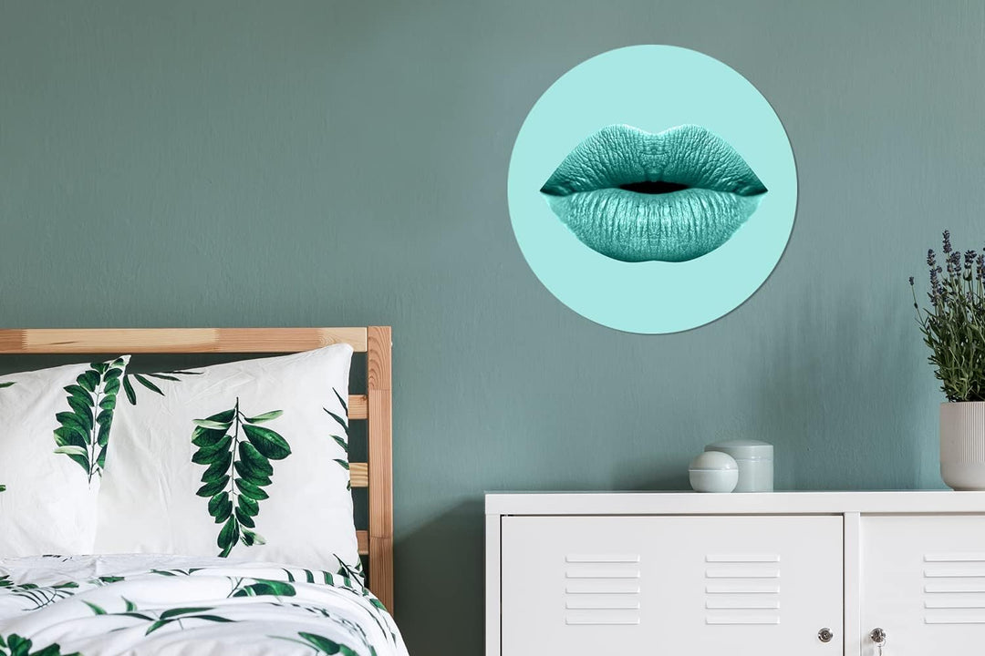 MuchoWow Wandbild Rund Wanddeko Deko Wohnzimmer Bilder 60x60 cm Lippen - Pastell - Blau, 60x60 cm