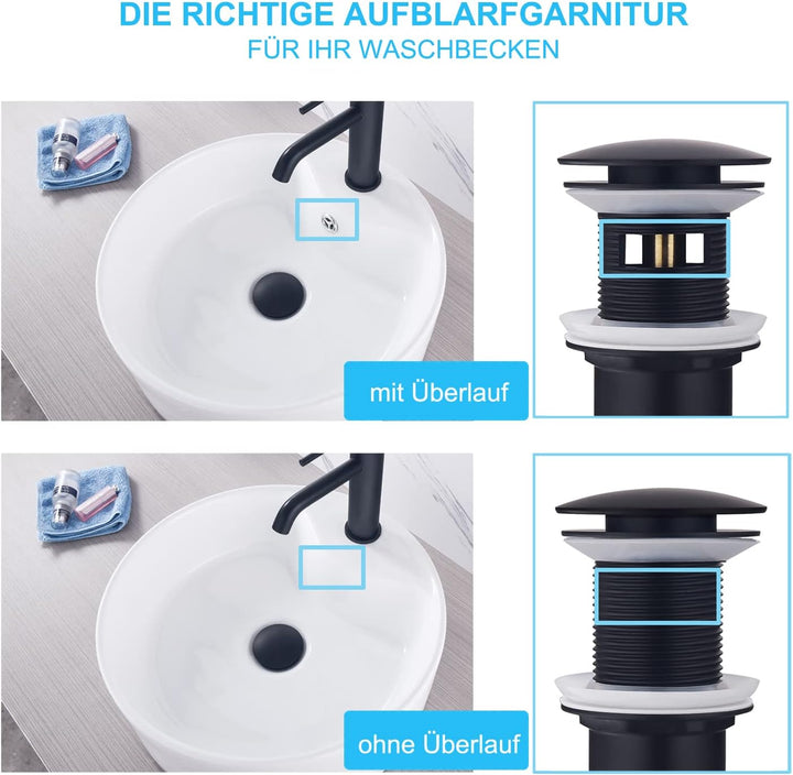 SET - Siphon mit Ablaufgarnitur mit Überlauf für Waschbecken Schwarz Matt - Keymark Universal Röhren