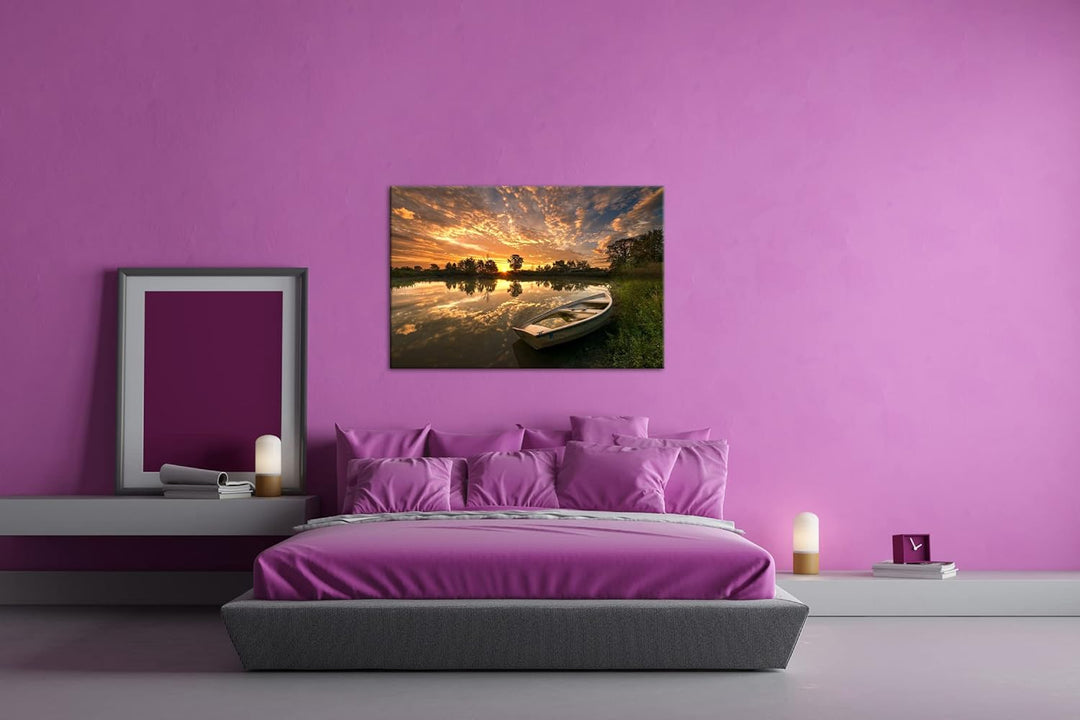 deyoli einsames Boot am See Format: 120x80 als Leinwandbild, Motiv fertig gerahmt auf Echtholzrahmen