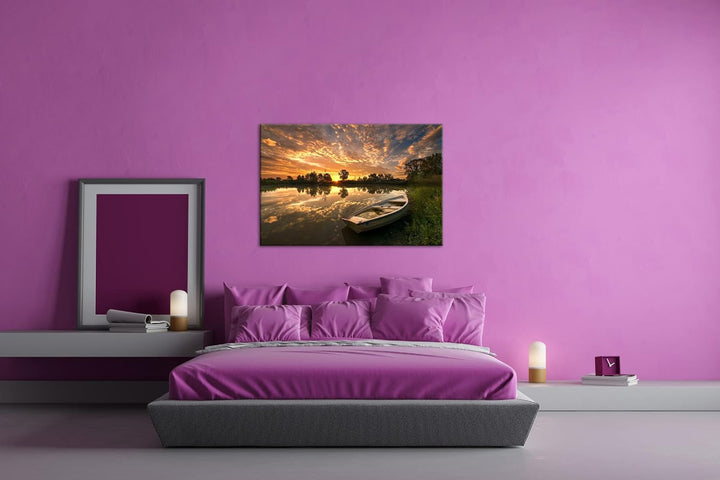 deyoli einsames Boot am See Format: 120x80 als Leinwandbild, Motiv fertig gerahmt auf Echtholzrahmen