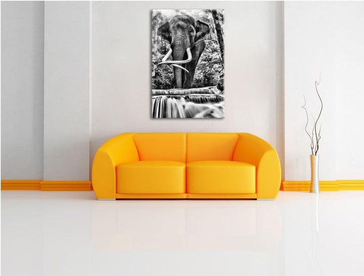 Pixxprint Elefant am Bach / 100x70cm Leinwandbild bespannt auf Holzrahmen/Wandbild Kunstdruck Dekora