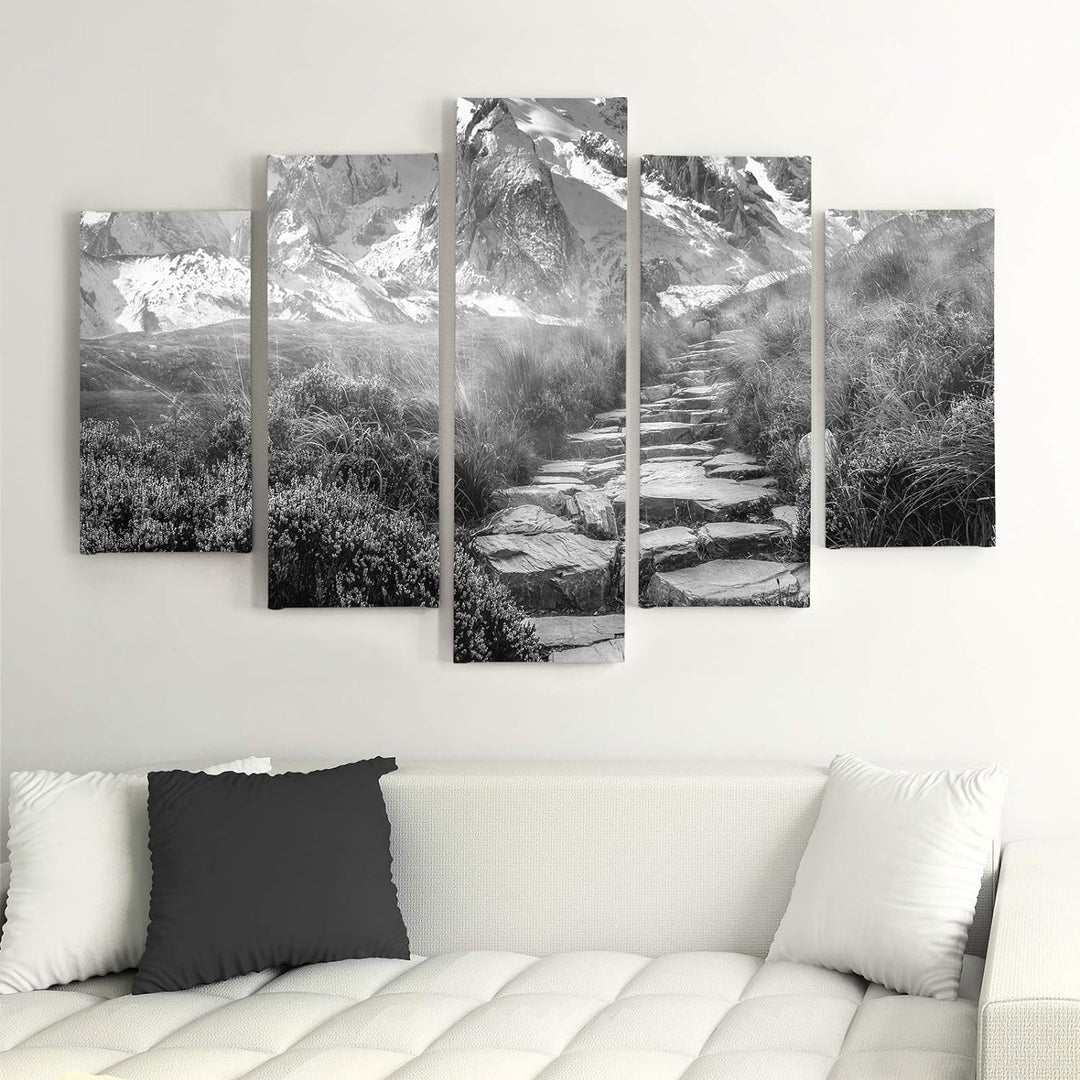 Feeby Wandbild Berge 300x140 cm Deco Panel 5 Teilig XXL Kunstdruck Pfad Steine grau Deco Panel XXL 3