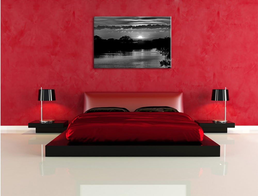 Pixxprint Monocrome, romantischer Sonnenuntergang über Fluss, Format: 100x70 auf Leinwand, XXL riesi