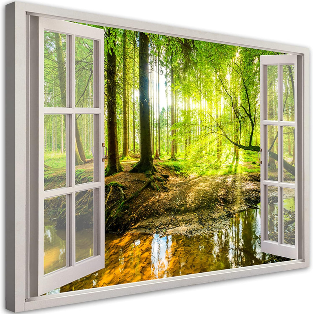 Feeby Leinwand Bilder - Fensterblick Natur- 120x80 cm- Deko Wohnzimmer - Wandbilder Schlafzimmer - D