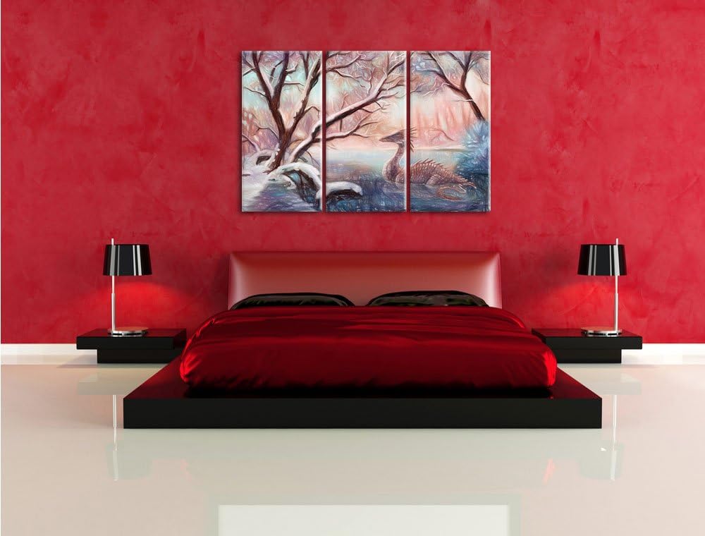 Pixxprint Drache im Wald als Leinwandbild/Grösse: 3 Teilig (120x80 cm) cm/Wandbild/Kunstdruck/fertig