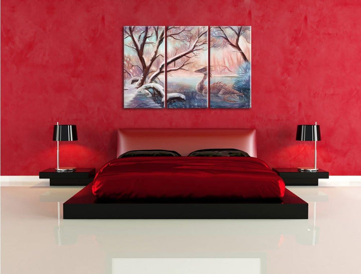 Pixxprint Drache im Wald als Leinwandbild/Grösse: 3 Teilig (120x80 cm) cm/Wandbild/Kunstdruck/fertig