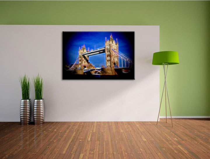 Dark berühmte Tower Bridge abstrakt auf Leinwand, XXL riesige Bilder fertig gerahmt mit Keilrahmen,