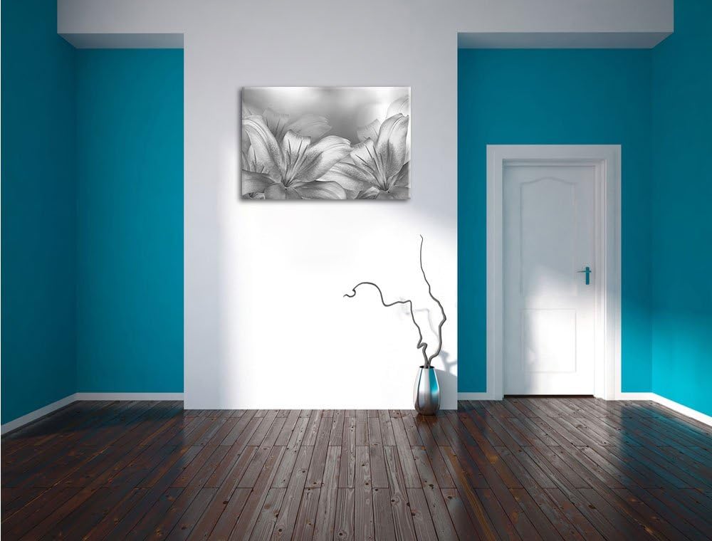türkise Lilien Kunst B&W, Format: 100x70 auf Leinwand, XXL riesige Bilder fertig gerahmt mit Keilrah