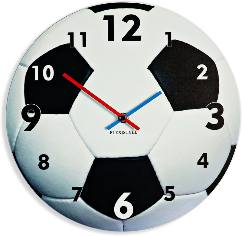 FLEXISTYLE Einzigartige Wanduhr für Kinder Fussball, leise Nicht Ticken, oval, 30 cm, Acryl, für Kin