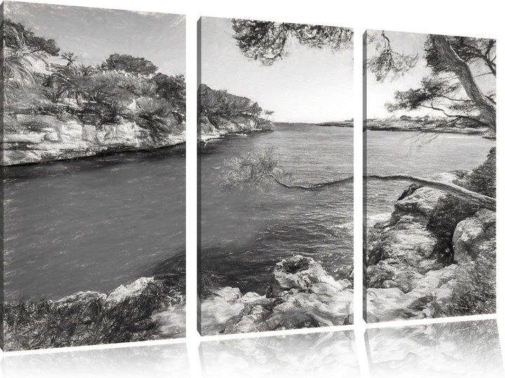 Pixxprint Idyllische Ansicht des Mittelmeers am Mallorca Bay Cove Kunst Kohle Effekt 3-Teiler Leinwa