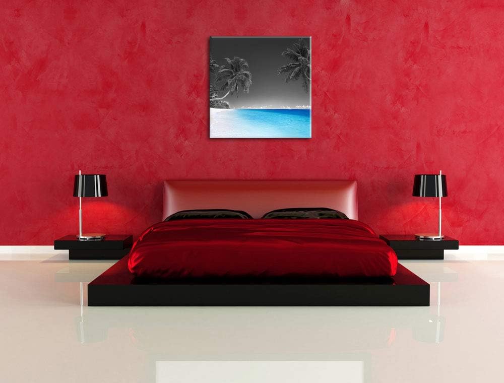 Pixxprint schöne Palmen über dem Meer schwarz/weiss, Format: 70x70 auf Leinwand, 70x70