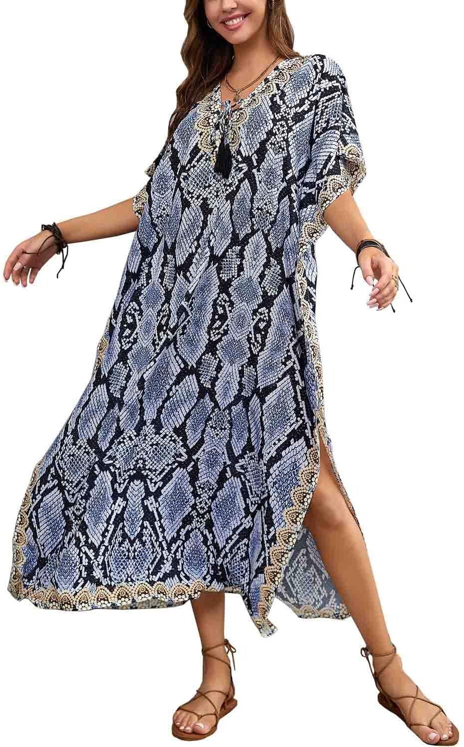 Orshoy Damen Bikini Cover Up Sommerkleid Lang Kaftan Maxikleid Strandponcho V-Ausschnitt Strandkleid