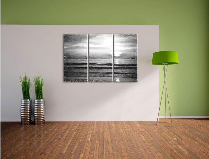 Pixxprint Malibu Beach - Sunrise Water Sand als Leinwandbild/Grösse: 3 Teilig (120x80) cm/Wandbild/K