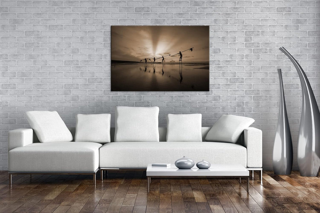 Küstenfischer bei der Arbeit Format: 80x60 Effekt: Sepia als Leinwandbild, Motiv fertig gerahmt auf