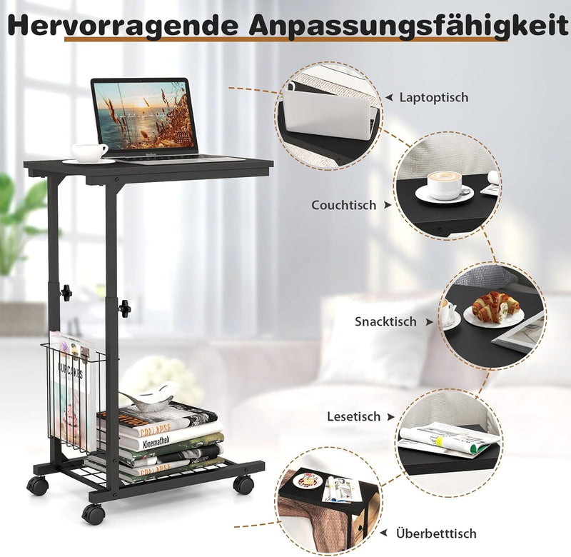 COSTWAY Laptoptisch höhenverstellbar, mit Aufbewahrungskorb, Beistelltisch Holz mit Metallrahmen, So