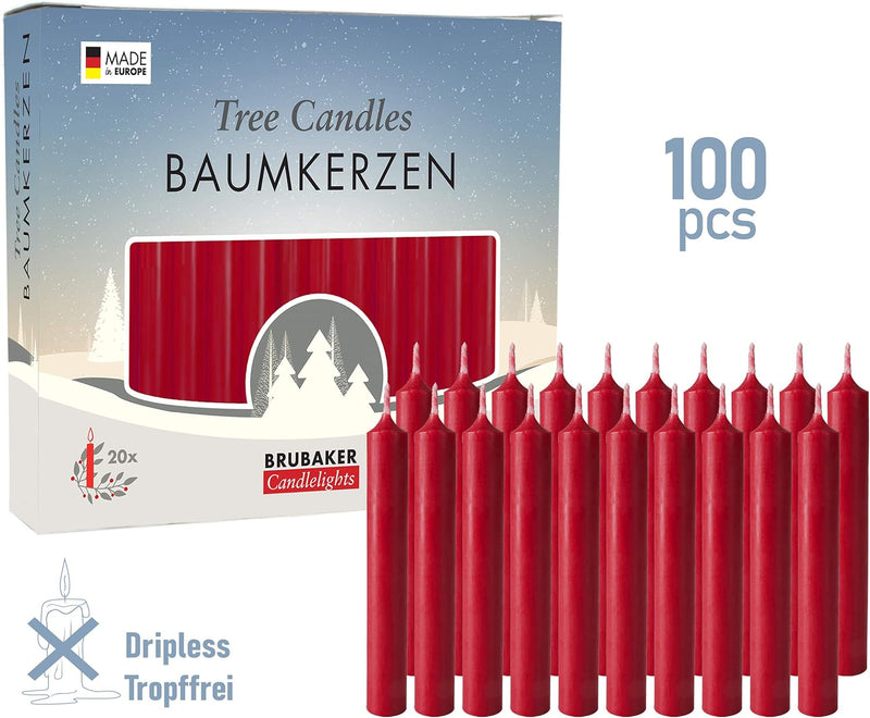BRUBAKER 100er Pack Baumkerzen Wachs - Weihnachtskerzen Pyramidenkerzen Christbaumkerzen - Dunkelrot