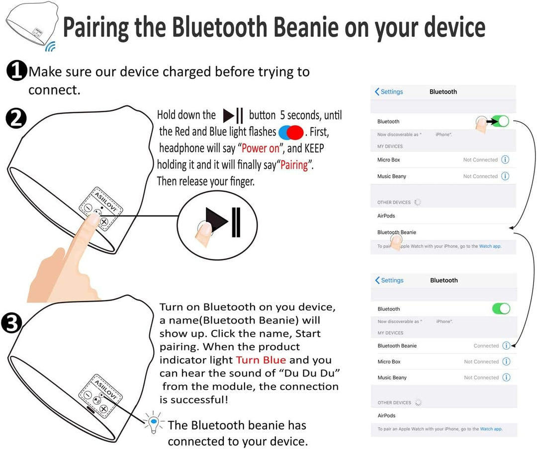 ASIILOVI Bluetooth-Mütze mit Bluetooth 5.0, kabellos, gestrickt, Wintermütze mit abnehmbarem integri