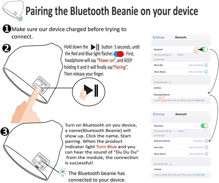 ASIILOVI Bluetooth-Mütze mit Bluetooth 5.0, kabellos, gestrickt, Wintermütze mit abnehmbarem integri