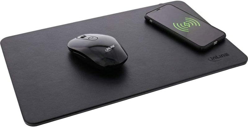 InLine® Maus-Pad, Wireless Charging (Qi), Kunstleder, 370x225x7mm, schwarz, schwarz