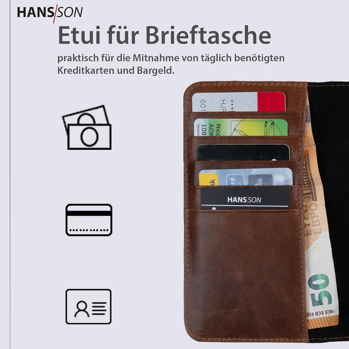 HANS/SON Klappbare Echtlederhülle in Cognac | iPhone 14 Pro Max Ledercase mit Kartenfächern | Lederh
