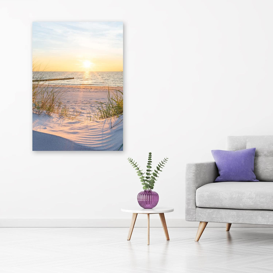 Feeby Vlies Leinwandbild Strand Ozean Dünen Wellenbrecher 60x90 cm Druckbild Wandbild Wanddekoration