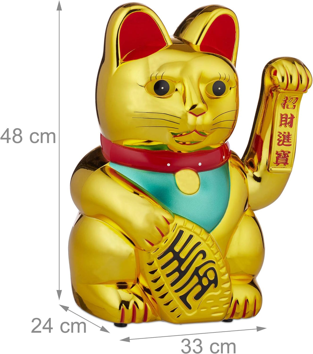 Relaxdays Winkekatze, Gold XXL Maneki Neko, batteriebetriebene winkende Pfote, Glücksbringer für Rei