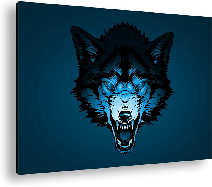 deyoli Böser Wolf Illustration Format 80x60 Effekt: Monocrome Blau als Leinwandbild, Motiv fertig ge