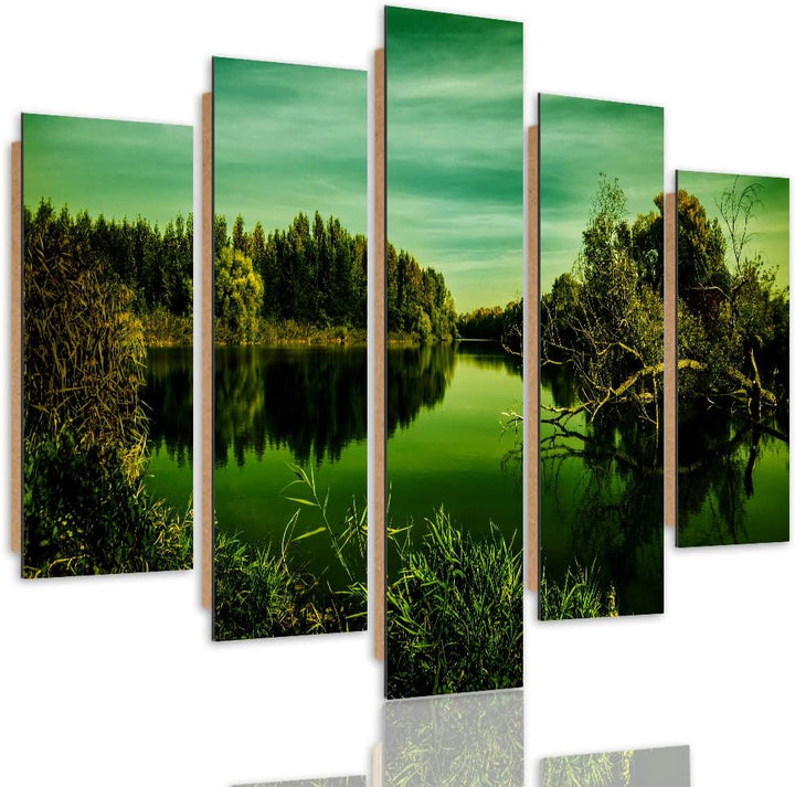 Wandbild Natur 200x100 cm Deco Panel 5 Teilig XXL Kunstdruck See Wald grün Deco Panel XXL 200x100 cm