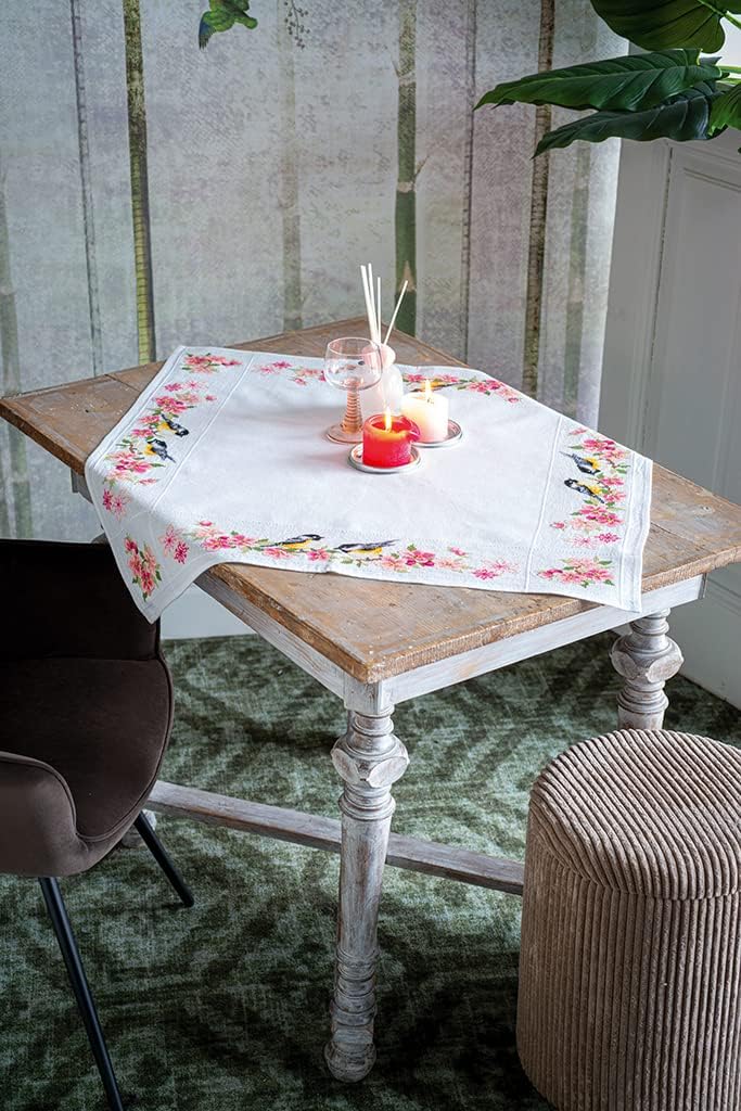 Vervaco PN-0164365 Tischdecke Kreuzstich Set Zählmuster, Baumwolle, Birds And Blossoms (10,5 Count),