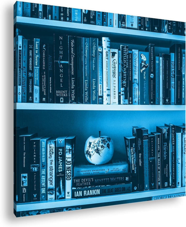deyoli rand volles Bücherregal Format: 70x70 cm als Leinwandbild Effekt: Monocrome Blau, Motiv ferti