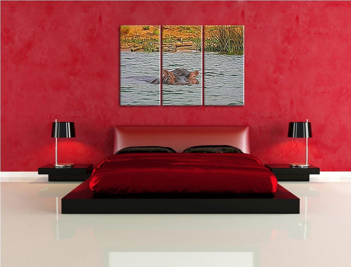 schwimmendes Flusspferd NewArt 3-Teiler Leinwandbild 120x80 Bild auf Leinwand, XXL riesige Bilder fe