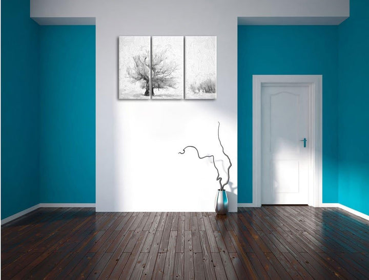 Pixxprint verschneite Bäume Pinsel Effekt 3-Teiler Leinwandbild 120x80 Bild auf Leinwand