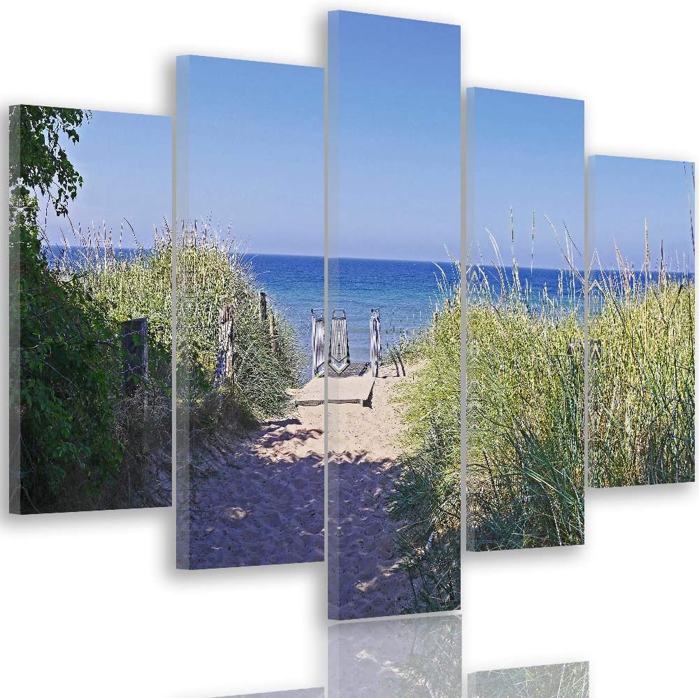 Feeby Leinwandbild 5 Teilig Landschaft Bild Wanddeko Strand Gras Pfad blau 150x100 cm Leinwandbild 1