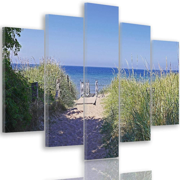 Feeby Leinwandbild 5 Teilig Landschaft Bild Wanddeko Strand Gras Pfad blau 150x100 cm Leinwandbild 1