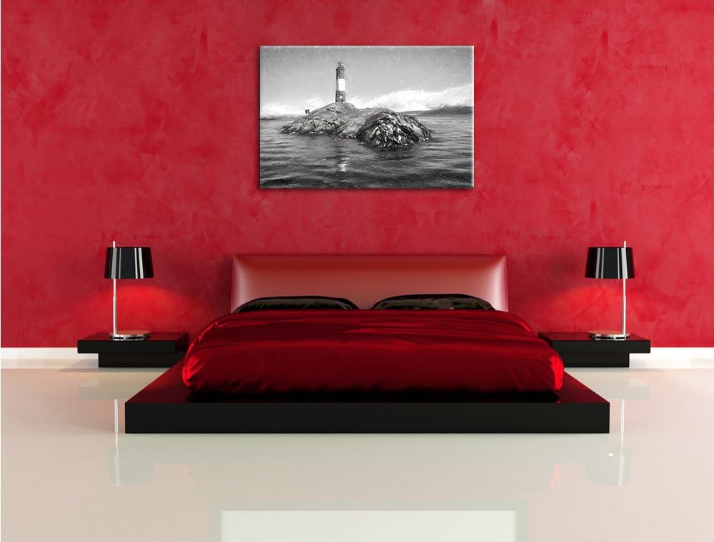 Pixxprint Leuchtturm mit Robben auf Kleiner Insel im Meer Kohle Zeichnung Effekt, Format: 100x70 auf