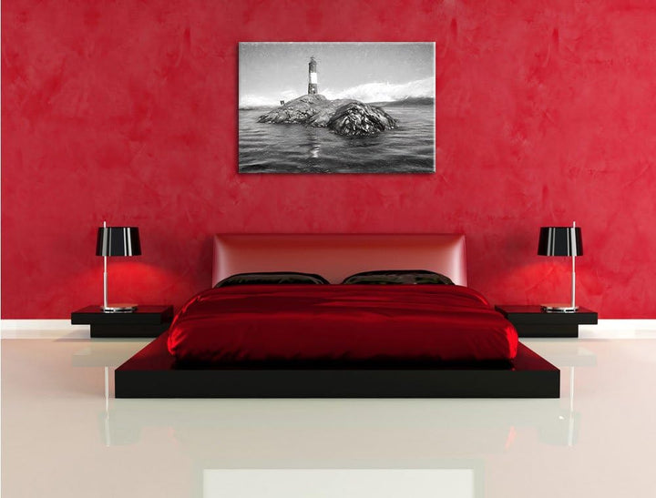 Pixxprint Leuchtturm mit Robben auf Kleiner Insel im Meer Kohle Zeichnung Effekt, Format: 100x70 auf