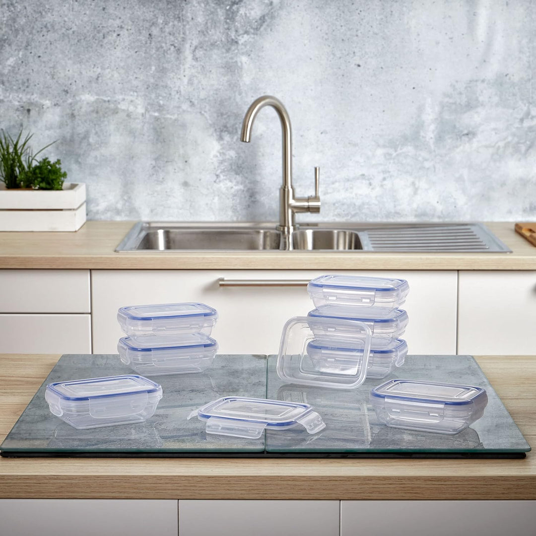 Grizzly Kunststoff Frischhaltedosen Set, 8x Vorratsdosen mit Deckel, flach, rechteckig, stapelbar, m