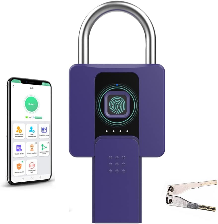 eLinkSmart Grosses Vorhängeschloss mit Schlüssel, Fingerabdruck-/Telefon-App, Remote-Autorisierung,